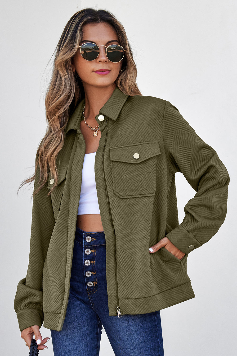 Blackish Green Zip Up Button Flap Pocket Shirt Collar Jackets