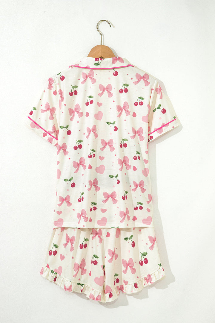 bow fruit print contrast pipping short pajamas set