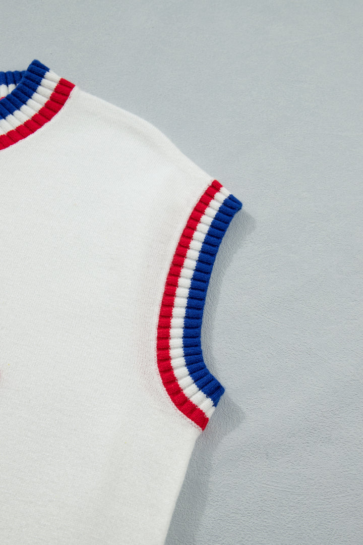 White USA Contrast Striped Trim Round Neck Short Sleeve Sweater