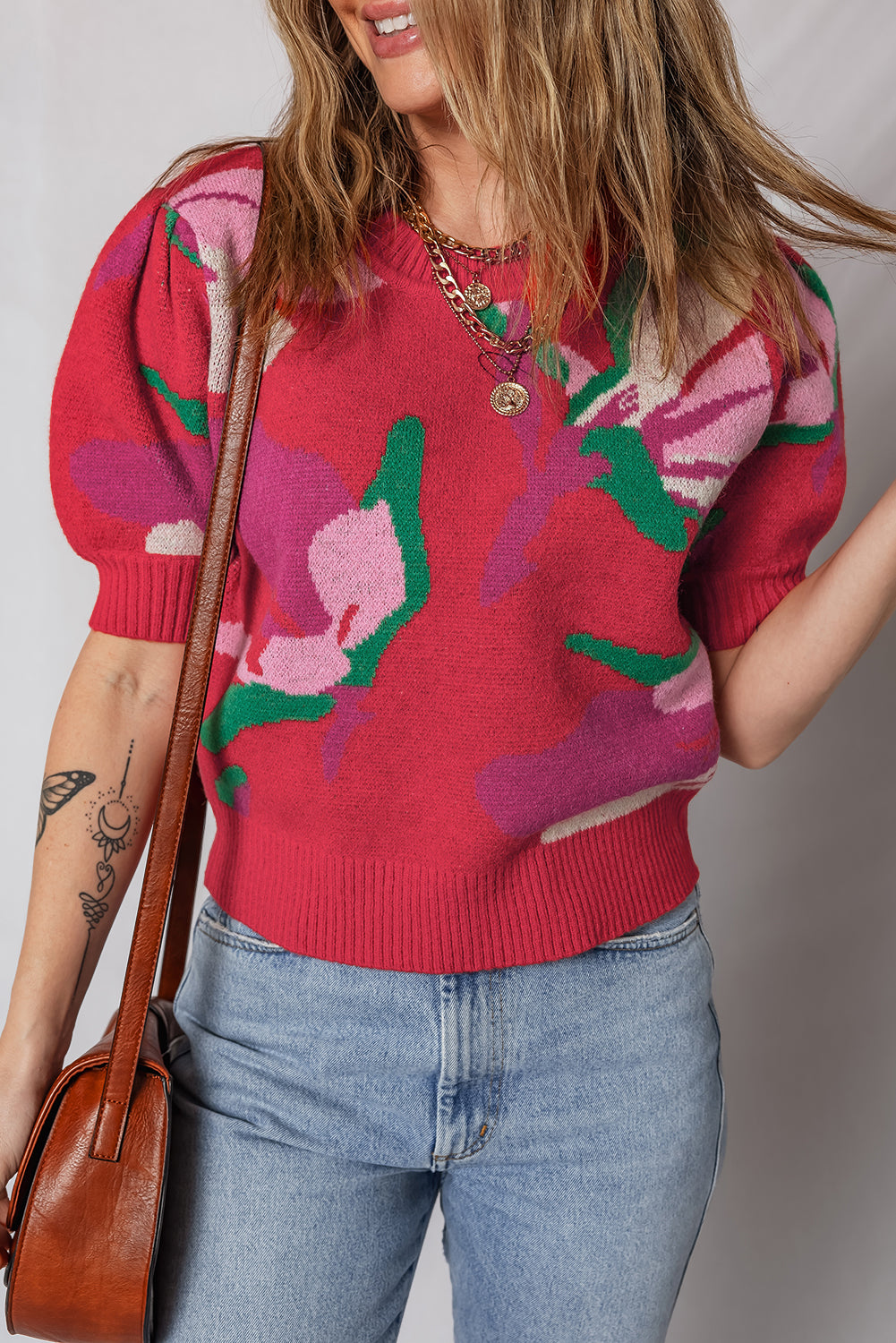 Floral Abstract Print Short Puff Sleeve Sweater