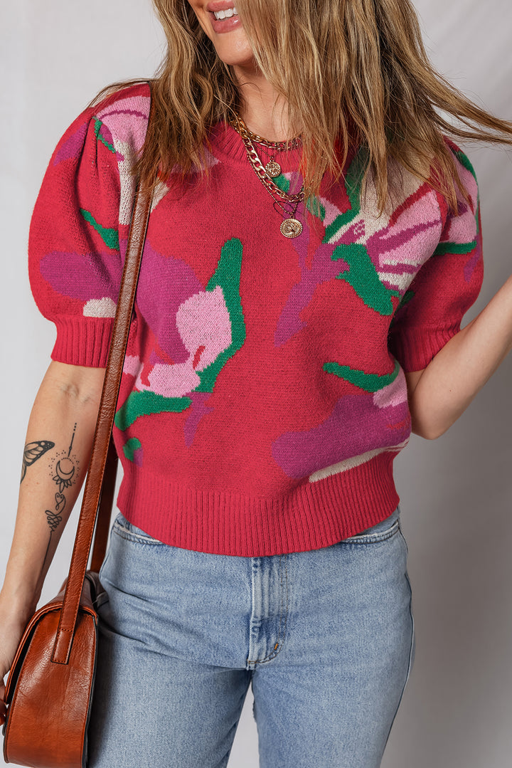 Floral Abstract Print Short Puff Sleeve Sweater