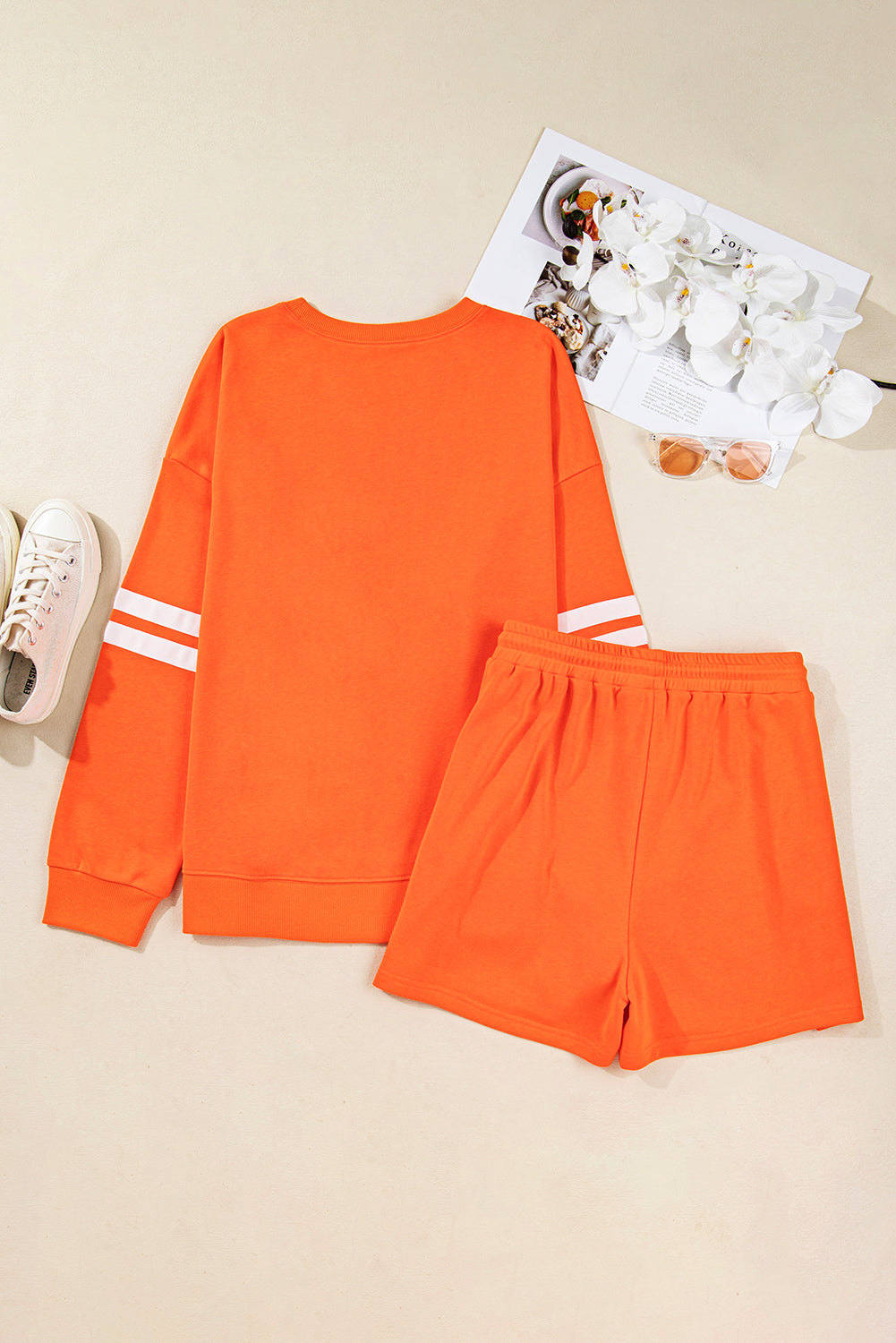 Orange Plus Size Varsity Striped Pullover Drawstring Elastic Waistband Short Set