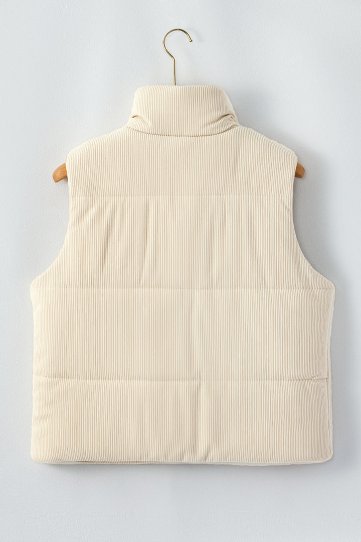 Beige Corduroy Stand Neck Zipped Puffer Vest