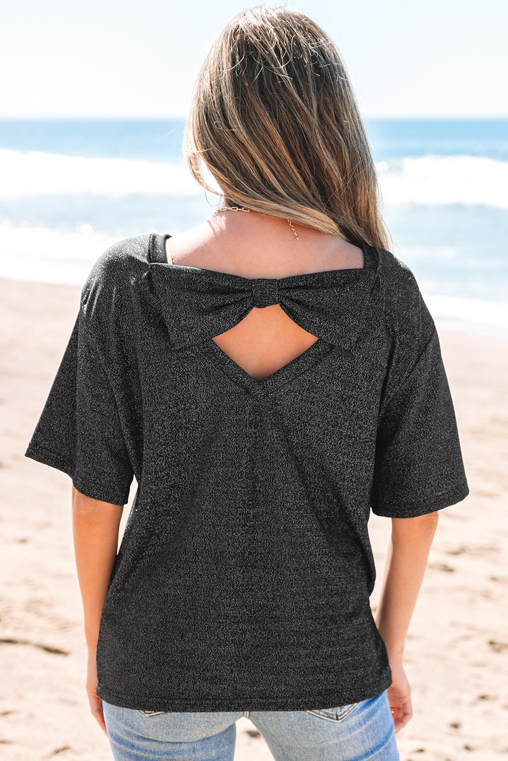 Bow Decor Glittery Short Sleeve Top