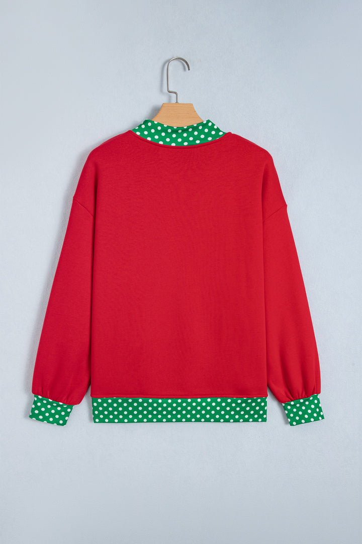 Fiery Red Polka Dot Letter Print Contrast Trim Mock Neck Sweatshirt