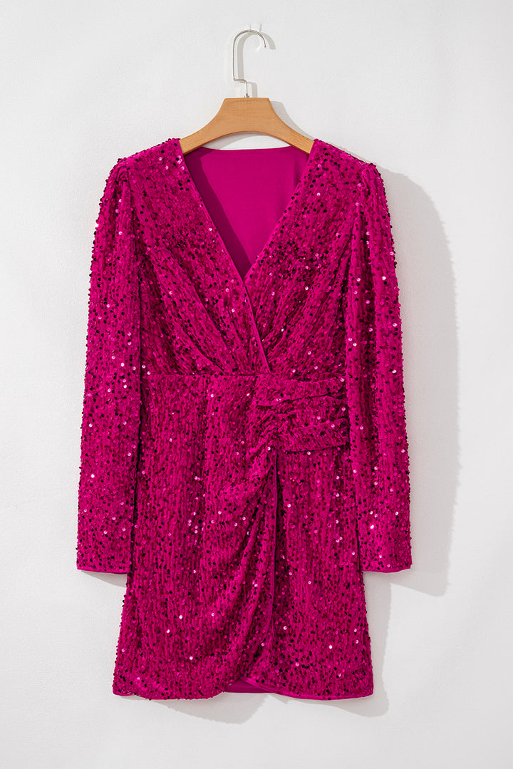 Pitaya Pink Velvet Sequin Long Sleeve V Neck Wrapped Party Mini Dress