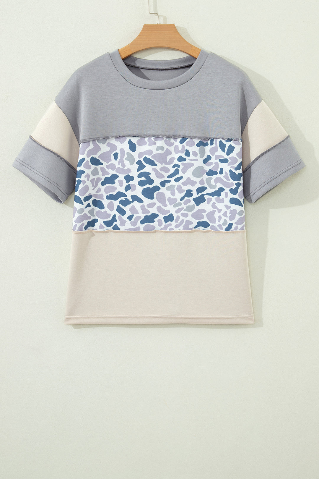 Gray Raw Seam Color Block Camouflage Patchwork Casual Tee