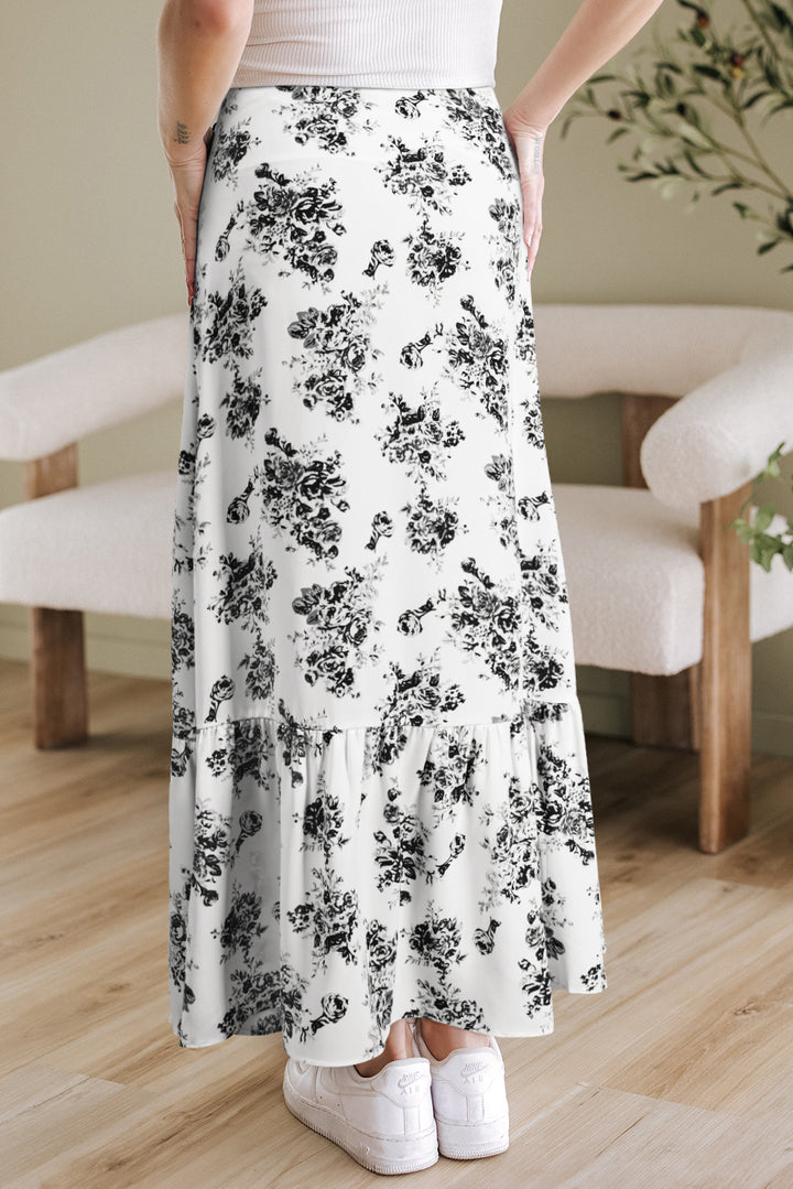 White Black Boho Floral High Waist Ruffle Split Maxi Skirt