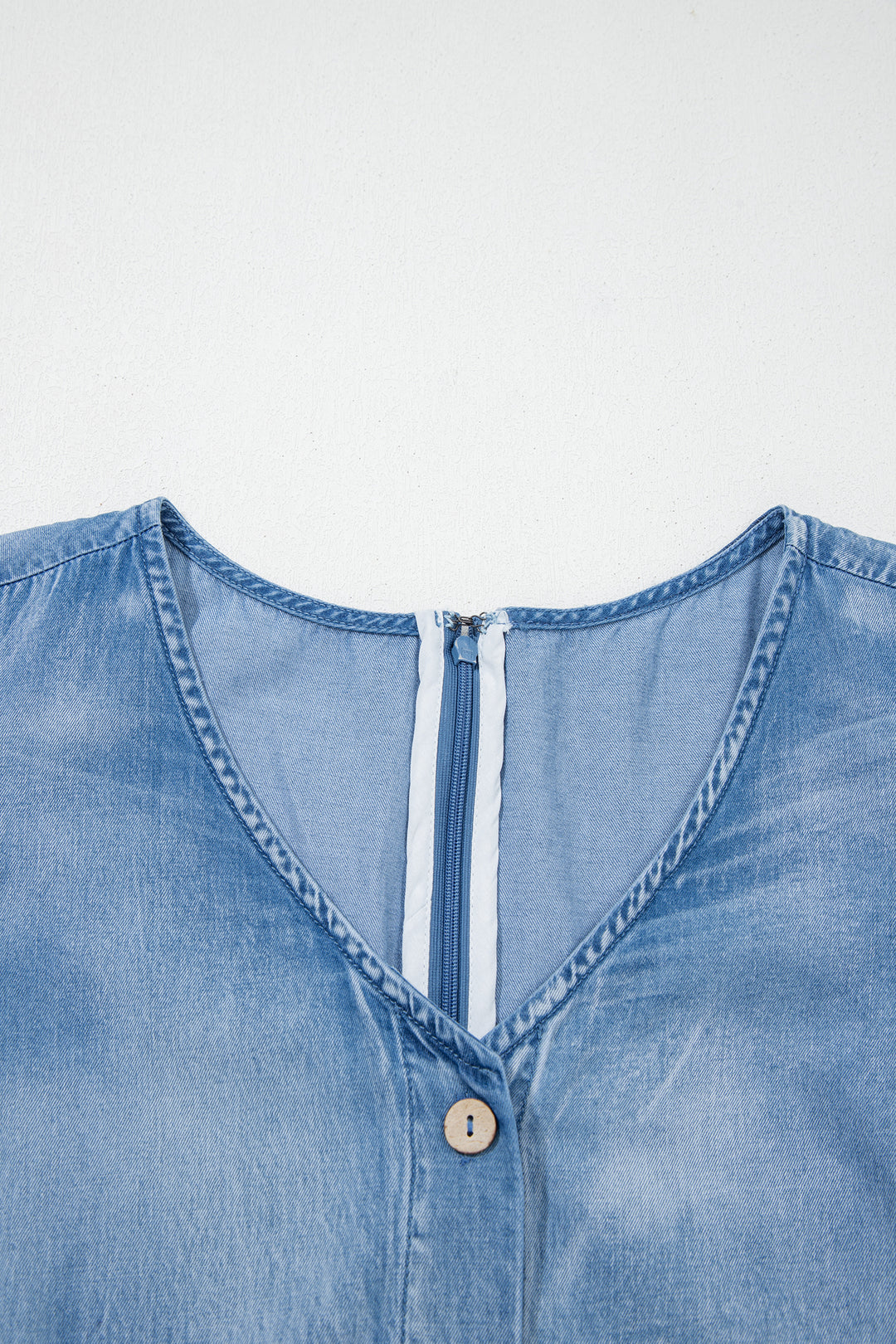Ashleigh Blue Ruffled Short Sleeve Button V Neck Wide Leg Denim Jumpsuit
