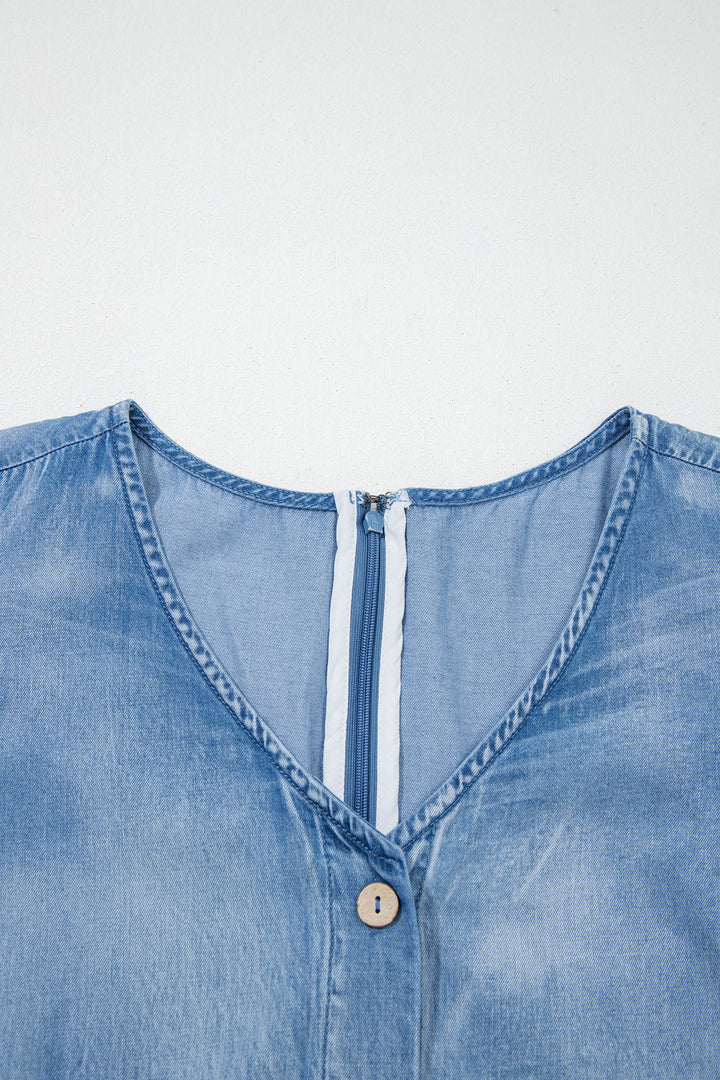 Ashleigh Blue Ruffled Short Sleeve Button V Neck Wide Leg Denim Jumpsuit