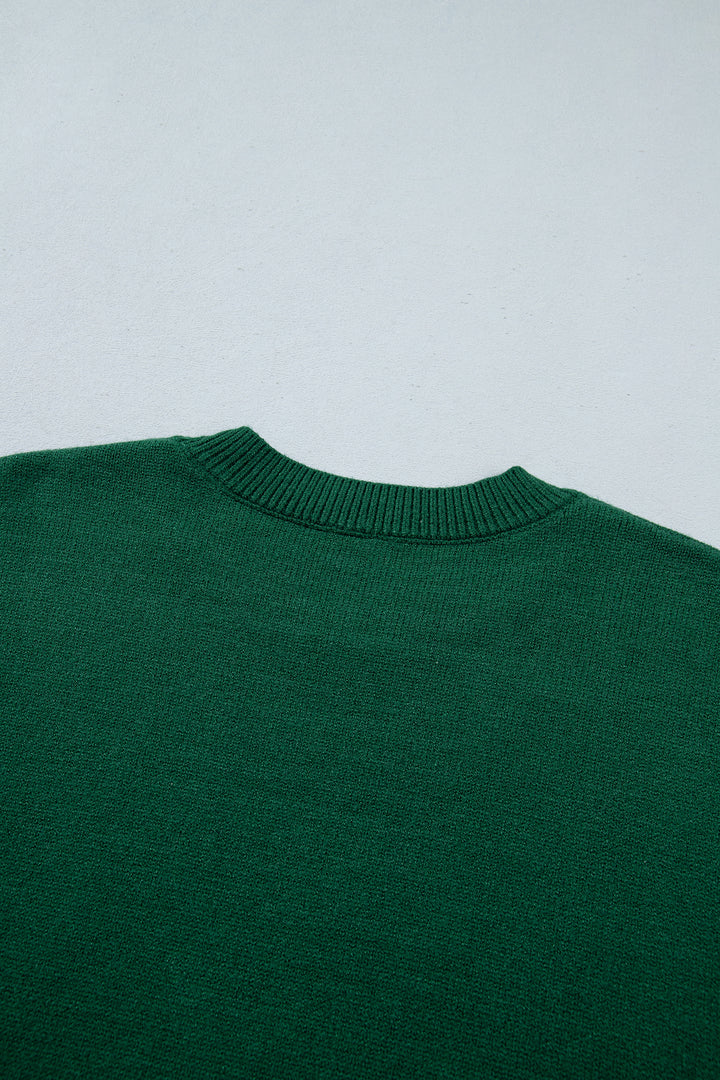 Blackish Green Abstract Dog Embroidery Christmas Fashion Round Neck Sweater