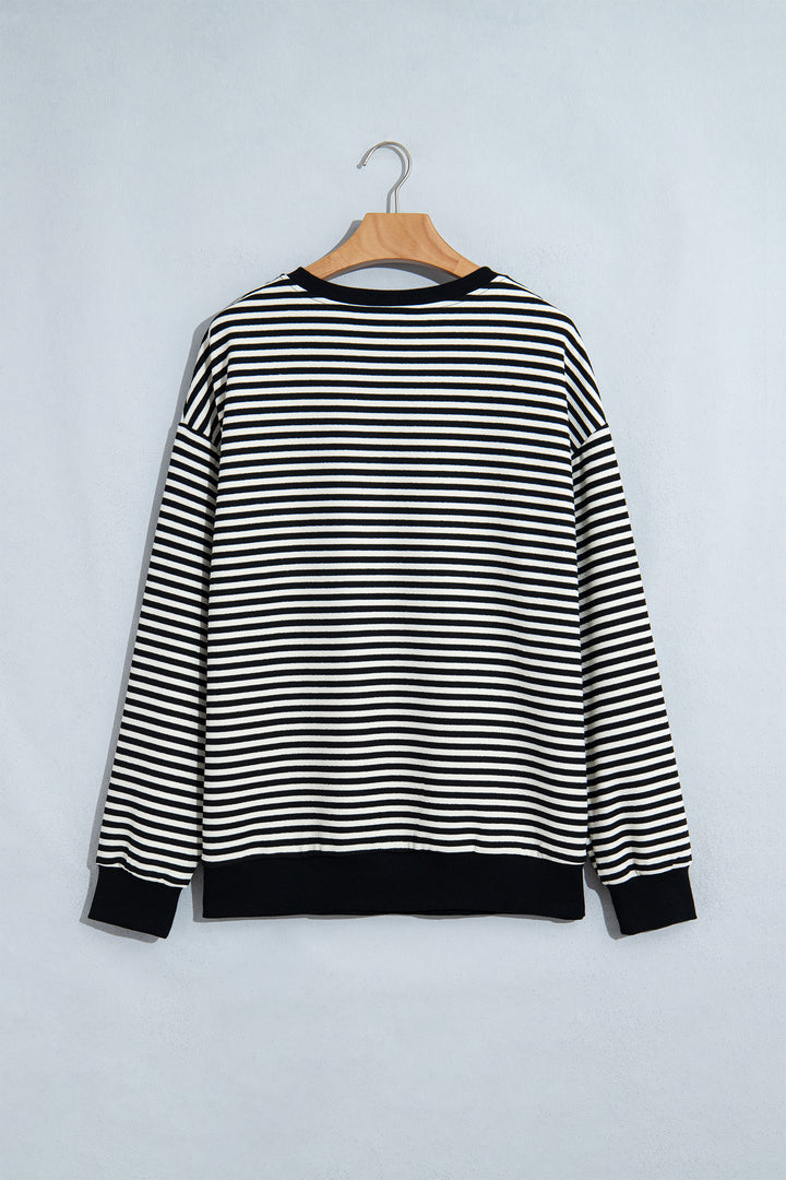 Black Stripe Velvet Bow Pattern Dropped Shoulder Loose Sweatshirt