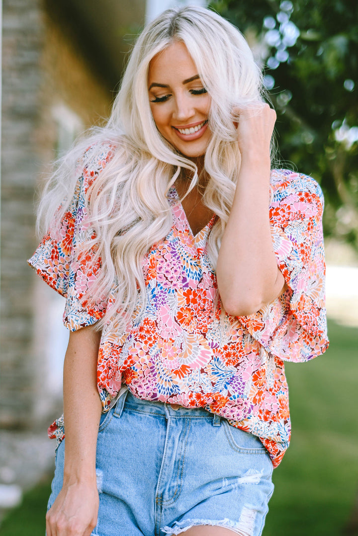 Multicolor Notch V Neck Gorgeous Floral Blouse