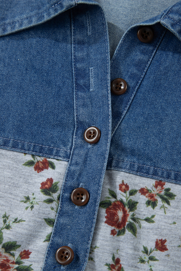 Gray Retro Floral Print Denim Patchwork Plus Size Polo Tee