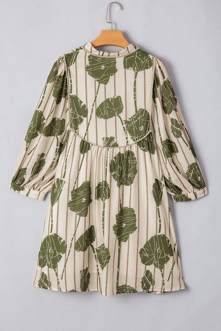 Floral Striped Print Contrast Piping Puff Sleeve Dress