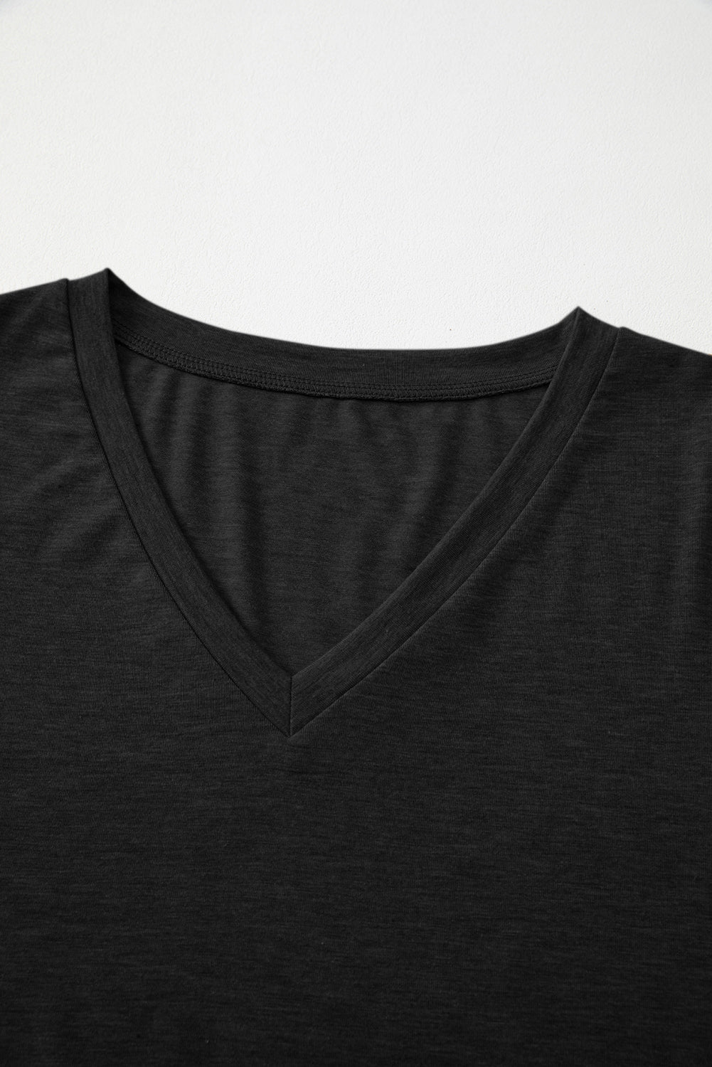 Black Solid Color V Neck Long Sleeve Stretchy Top
