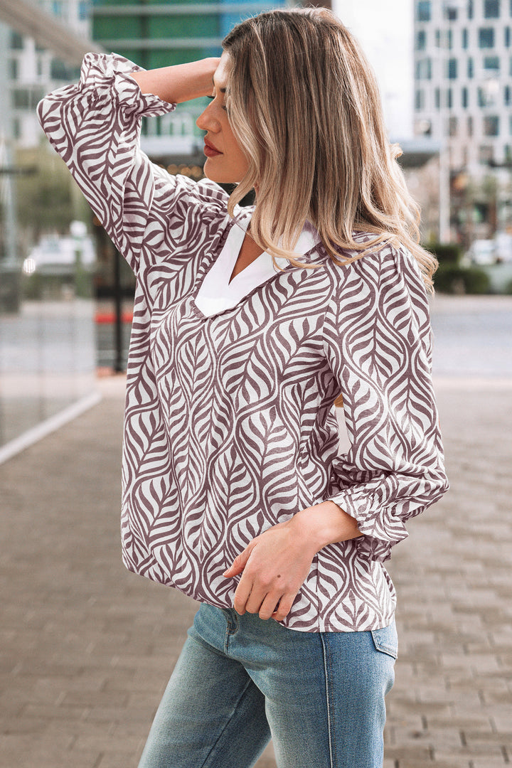 Leaf Print Standing Collar Puff Sleeve Top