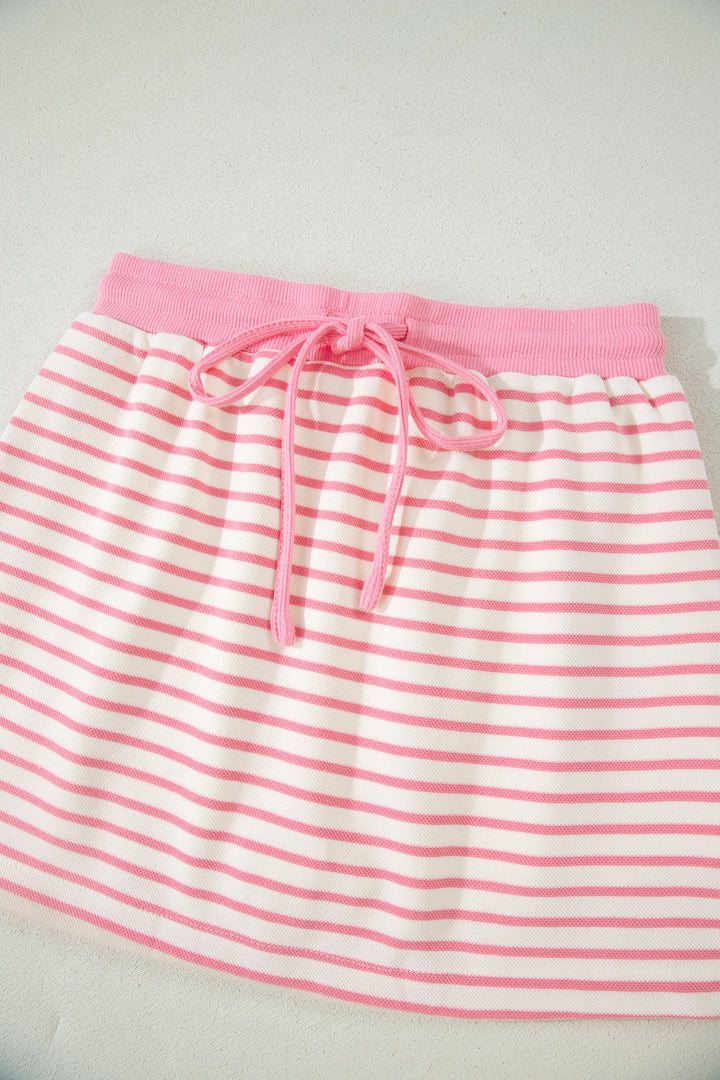 Pink Stripe Polo Tee Drawstring Elastic Waist 2pcs Skort Set