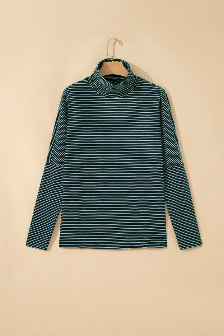 Green Stripe High Neck Dropped Shoulder Long Sleeve Casual Top