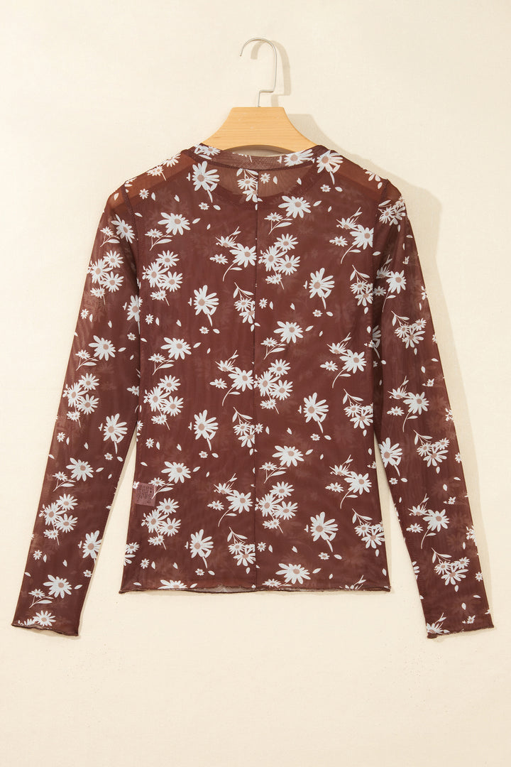 Brown Floral Print Sheer Mesh Long Sleeve Top