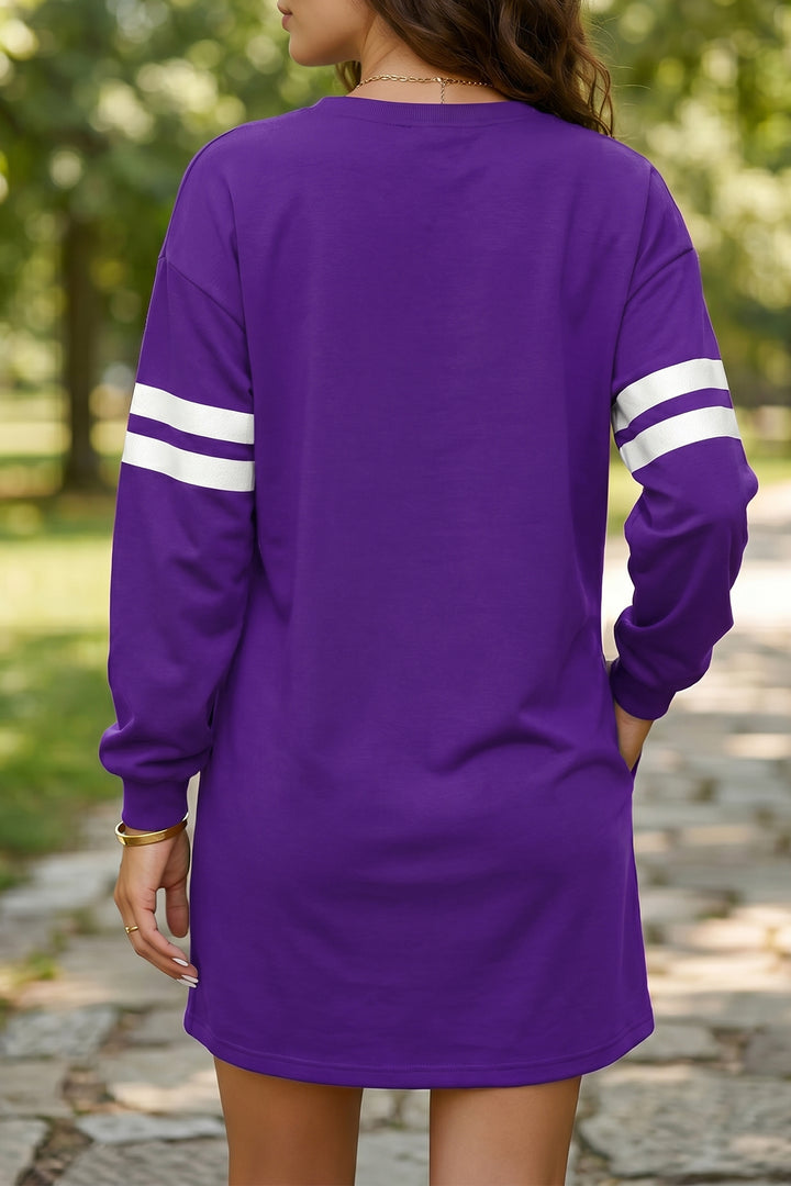 Tillandsia Purple Varsity Contrast Banded Sleeve Shift Sweatshirt Dress