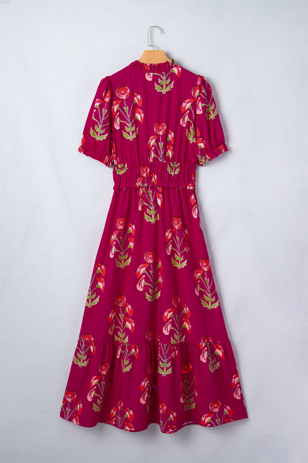 Red Floral Print Frilled V Neck Short Sleeve Ruffle Maxi Dress