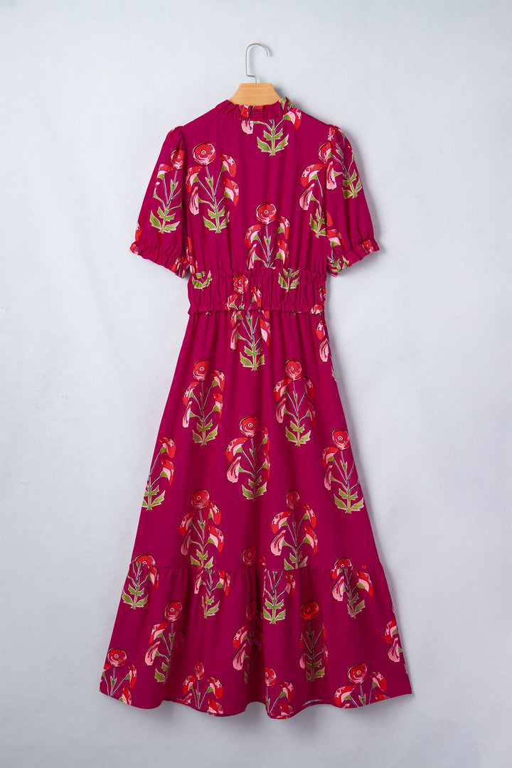 Red Floral Print Frilled V Neck Short Sleeve Ruffle Maxi Dress