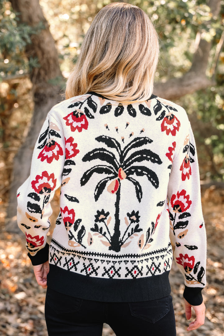 Floral Print Buttoned Front V Neck Knit Cardigan