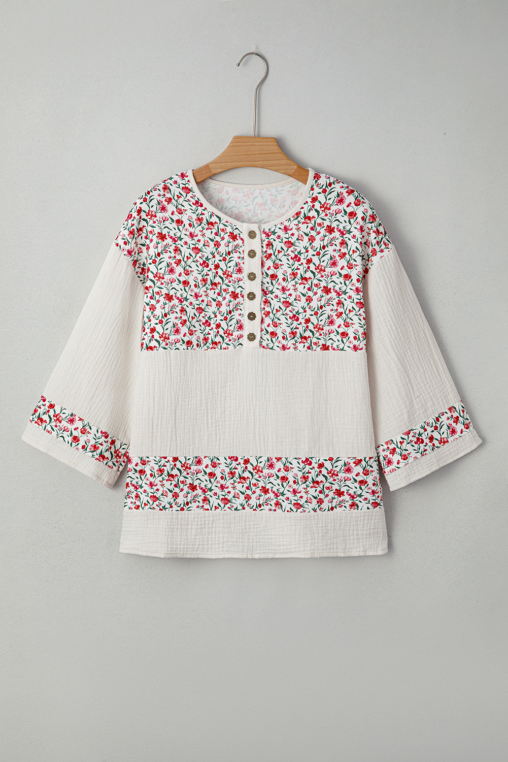 Floral Print Gauze Patchwork Henley Button 3/4 Sleeve Blouse