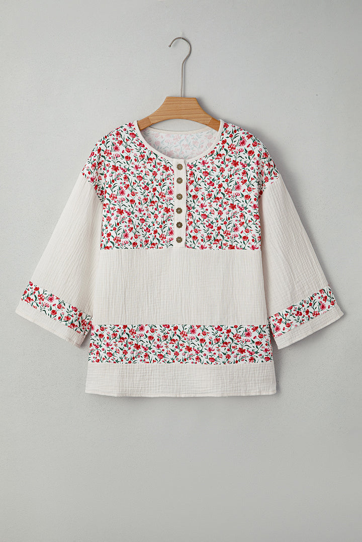 Floral Print Gauze Patchwork Henley Button 3/4 Sleeve Blouse