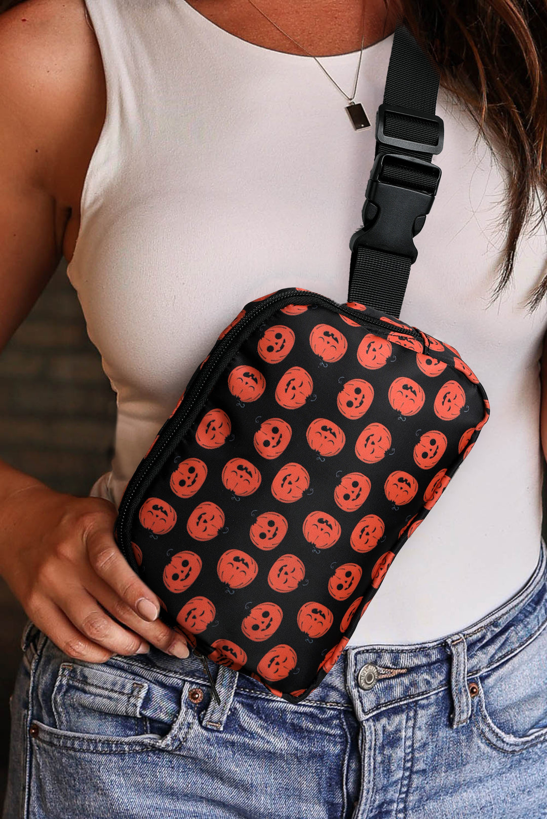 Halloween Pumpkin Print Buckle Strap Square Crossbody Bag