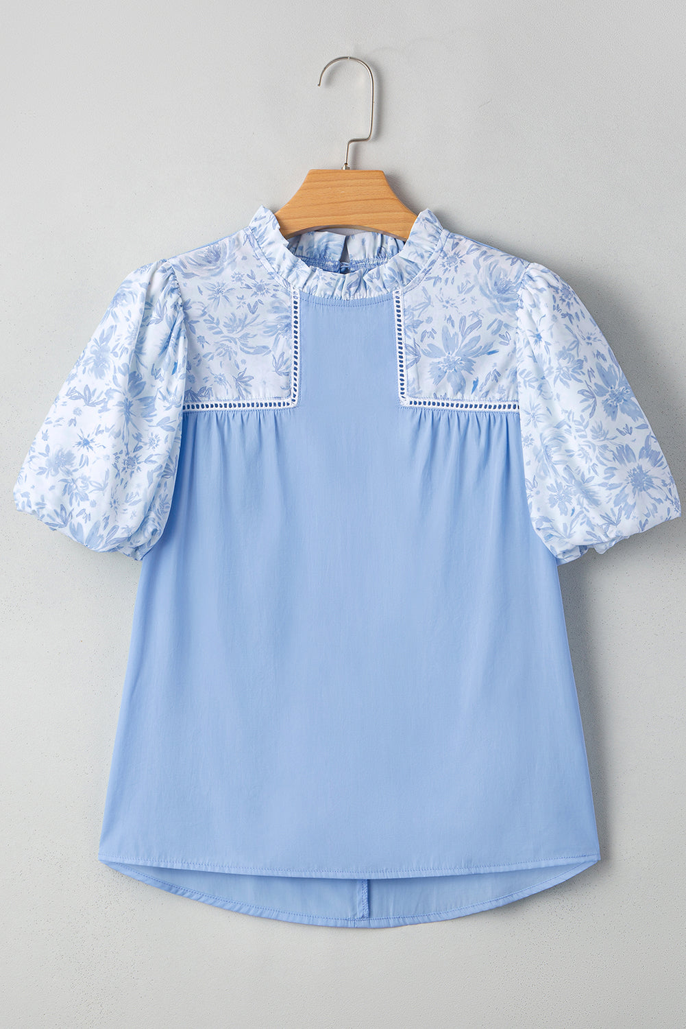 lace insert floral puff sleeve patchwork loose blouse