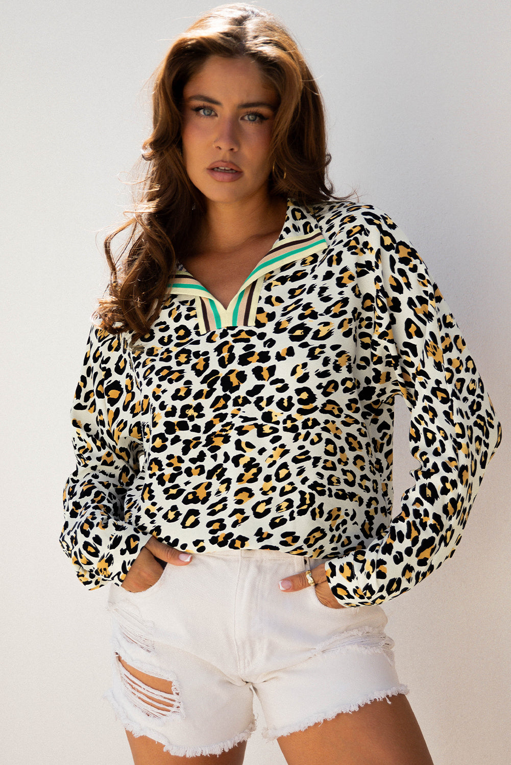 Leopard Print Contrast Striped V Neck Blouse