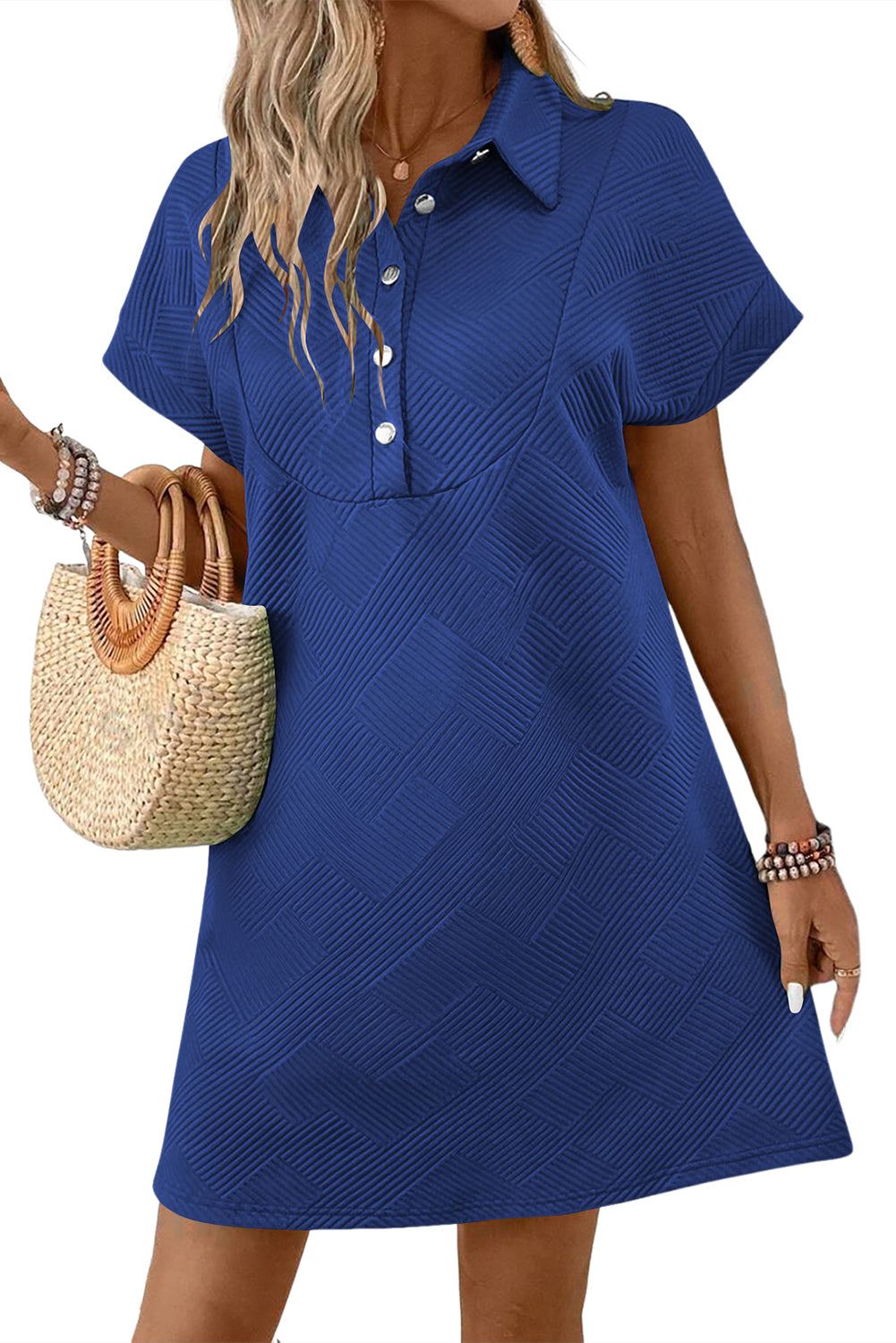 Blue Solid Color Textured Short Sleeve A Line Mini Dress