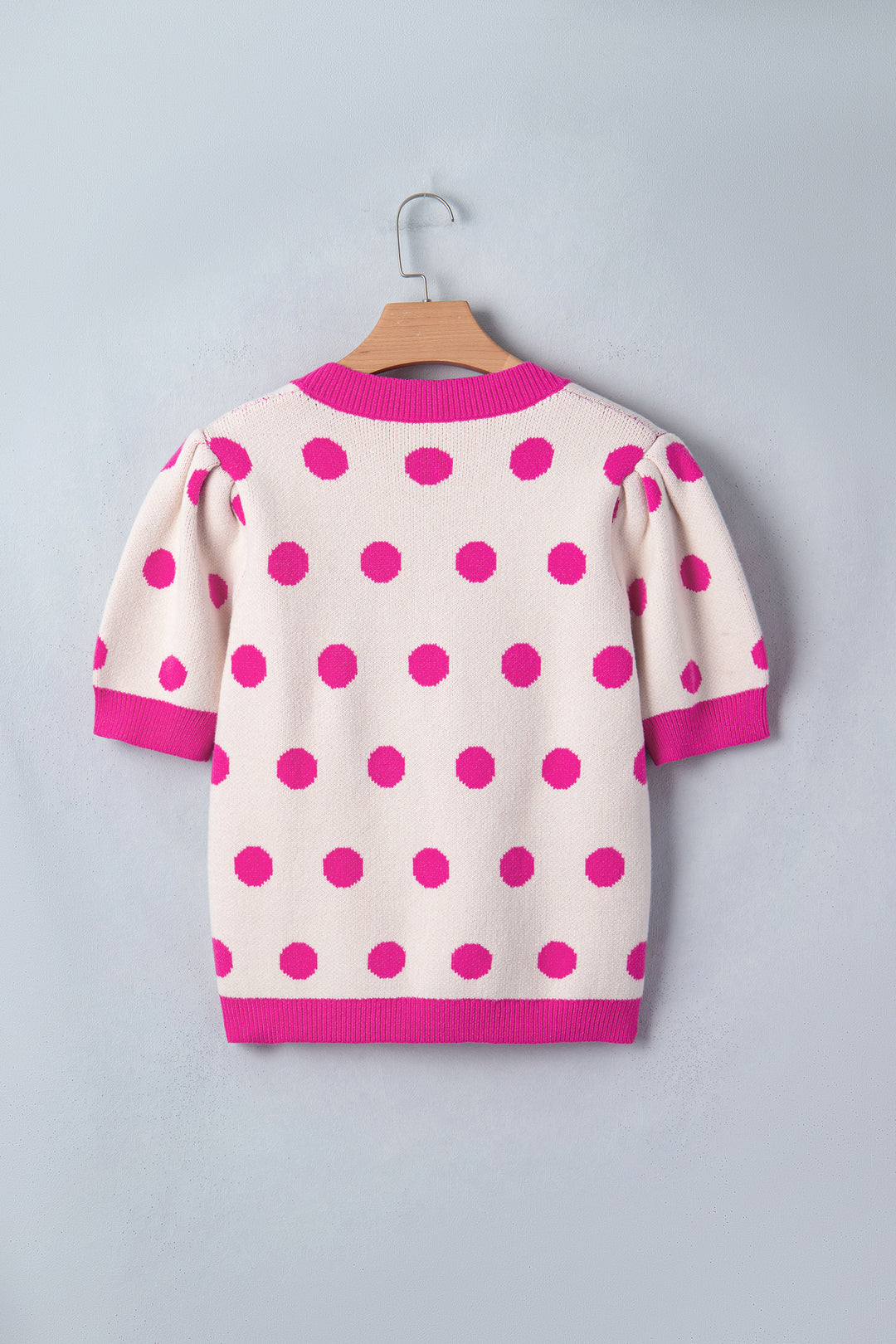 Pink Polka Dot Puff Short Sleeve Sweater Top