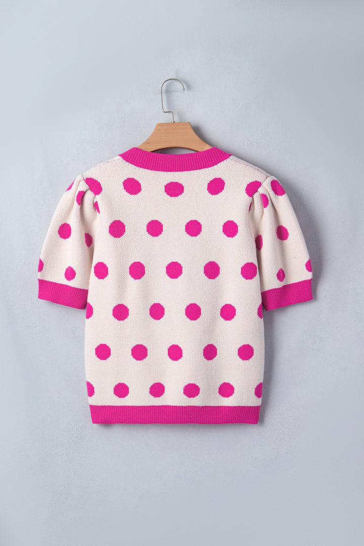 Pink Polka Dot Puff Short Sleeve Sweater Top