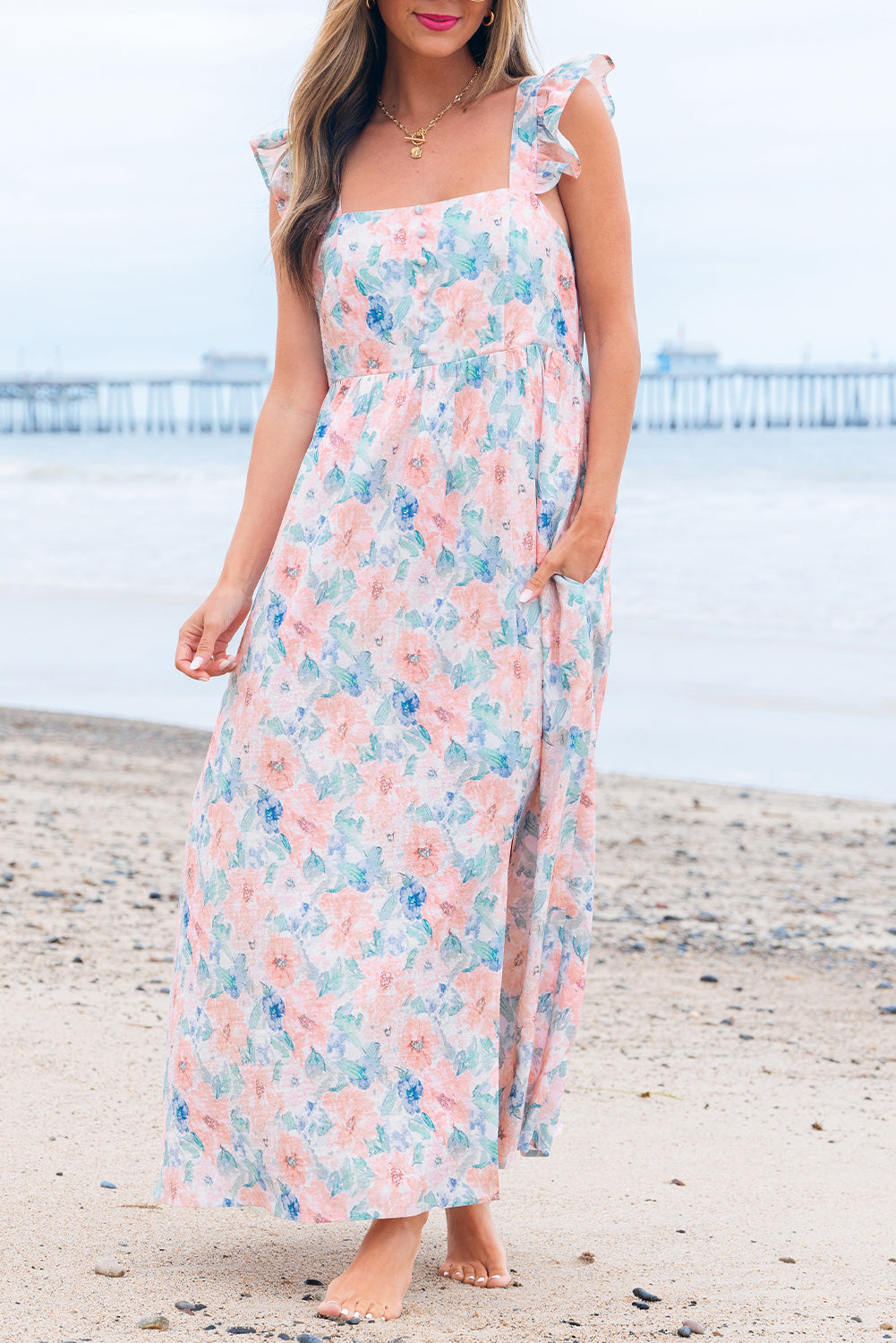 floral print square neck backless long dress with slit