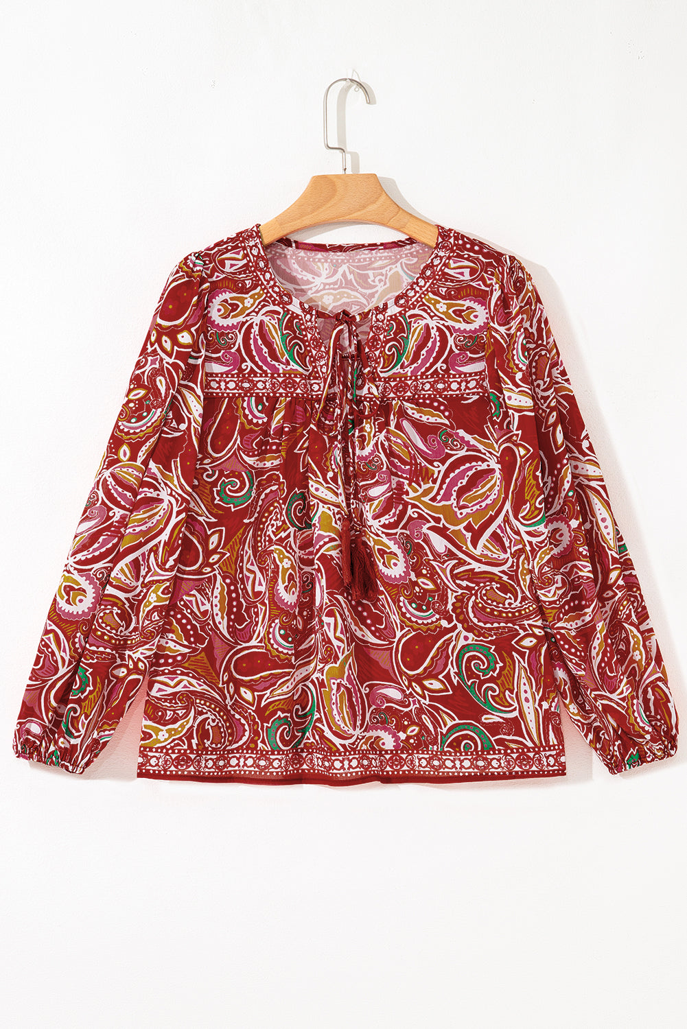 Ethnic Paisley Print Tassel Tie Puff Sleeve Boho Blouse