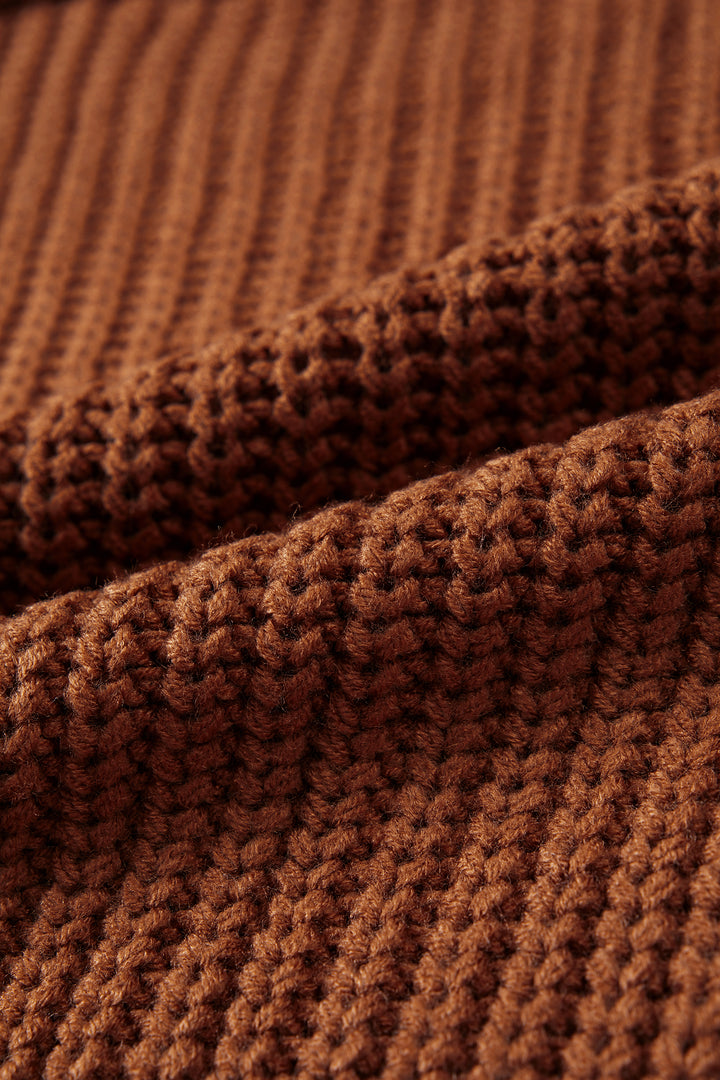 Coffee Solid Color Cable Knit High Neck Loose Pullover Sweater
