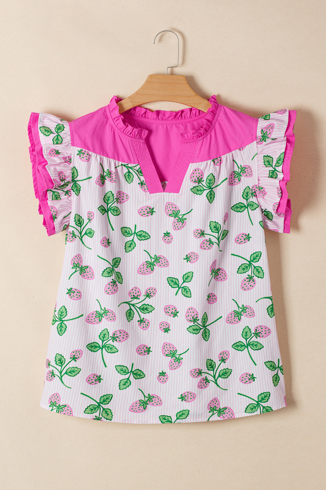 Striped Strawberry Printed Color Block Patchwork V Neck Flutter Sleeve Blouse