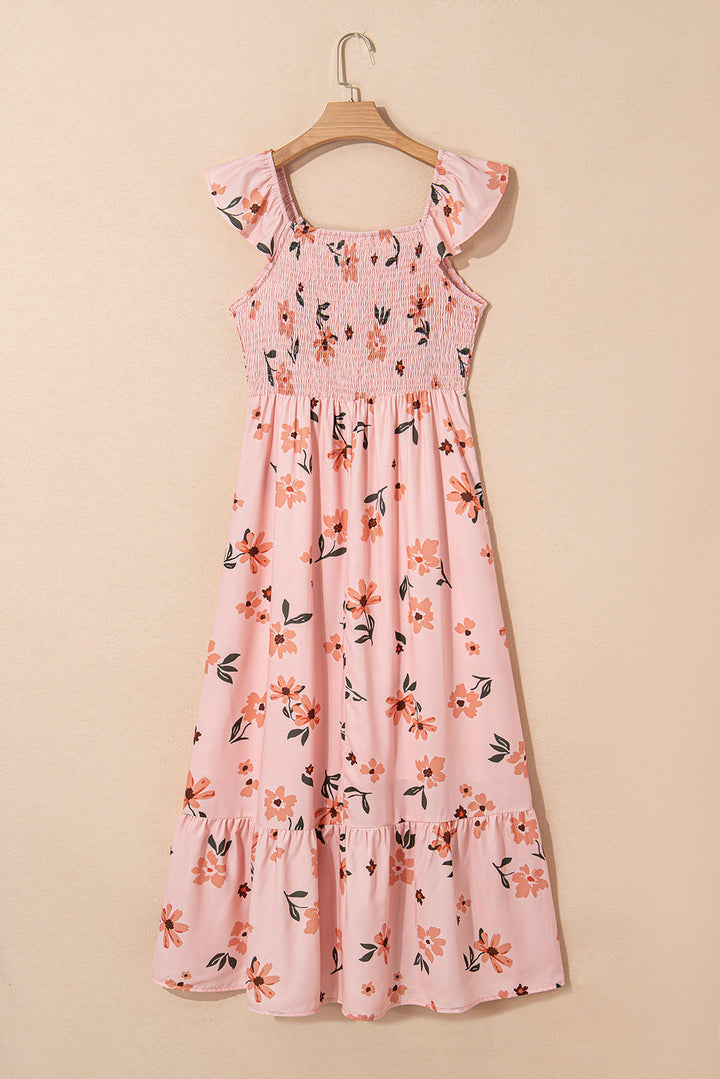floral v neck smocked high waist ruffle hem long dress