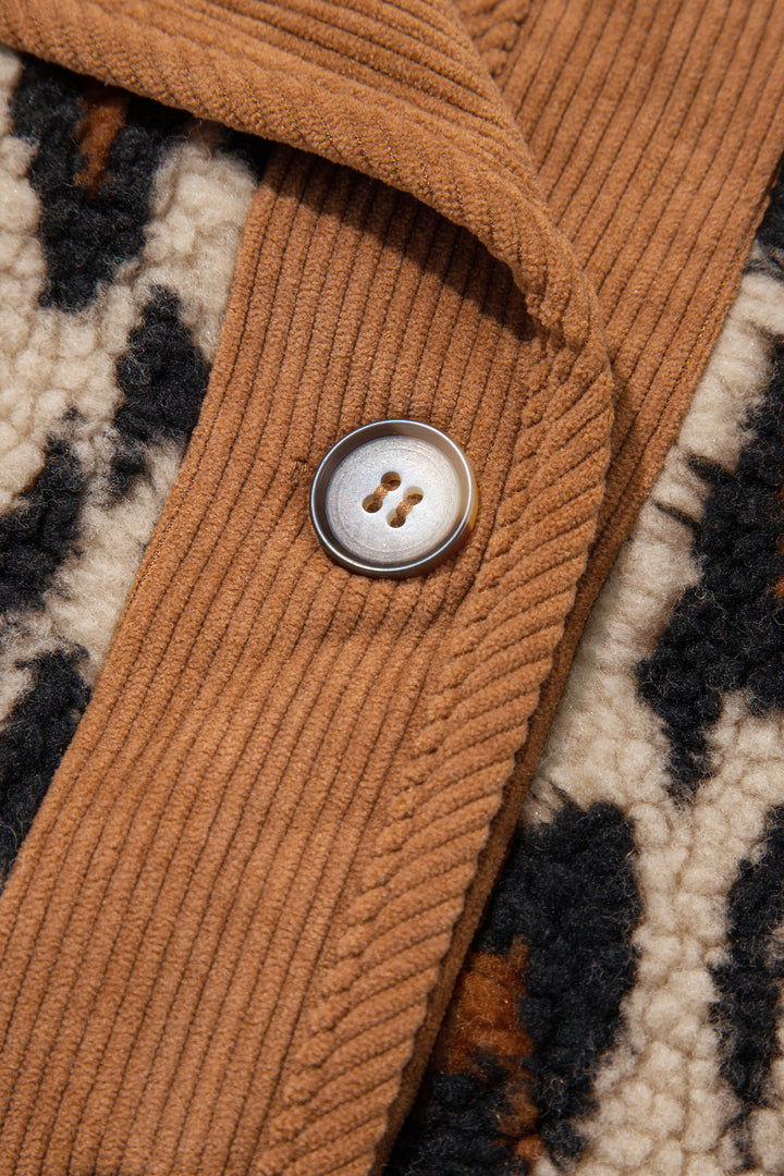 Khaki Leopard Plush Corduroy Trim Long Sleeve Jacket