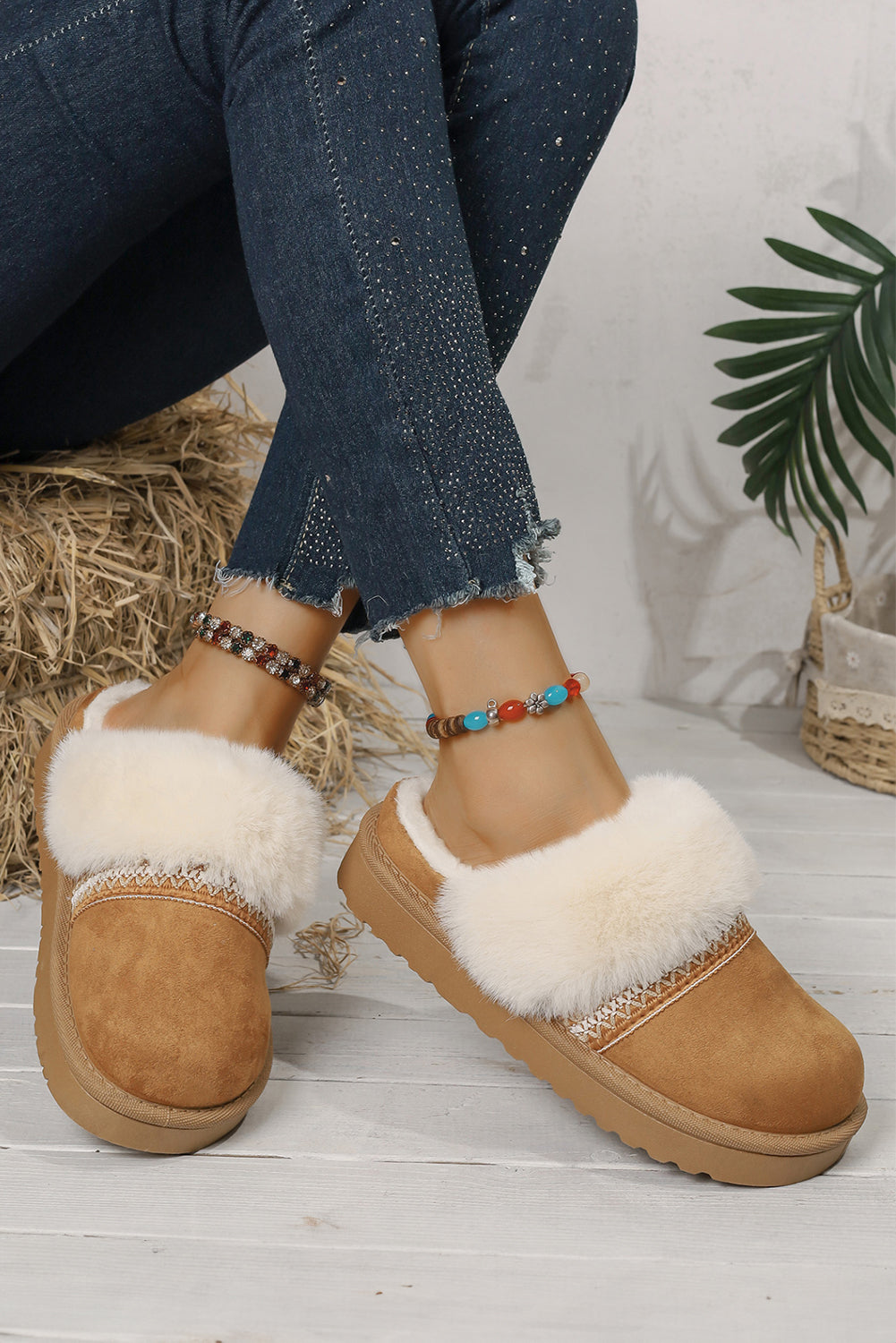 Faux Suede Plush Trim Ethnic Mule Slippers