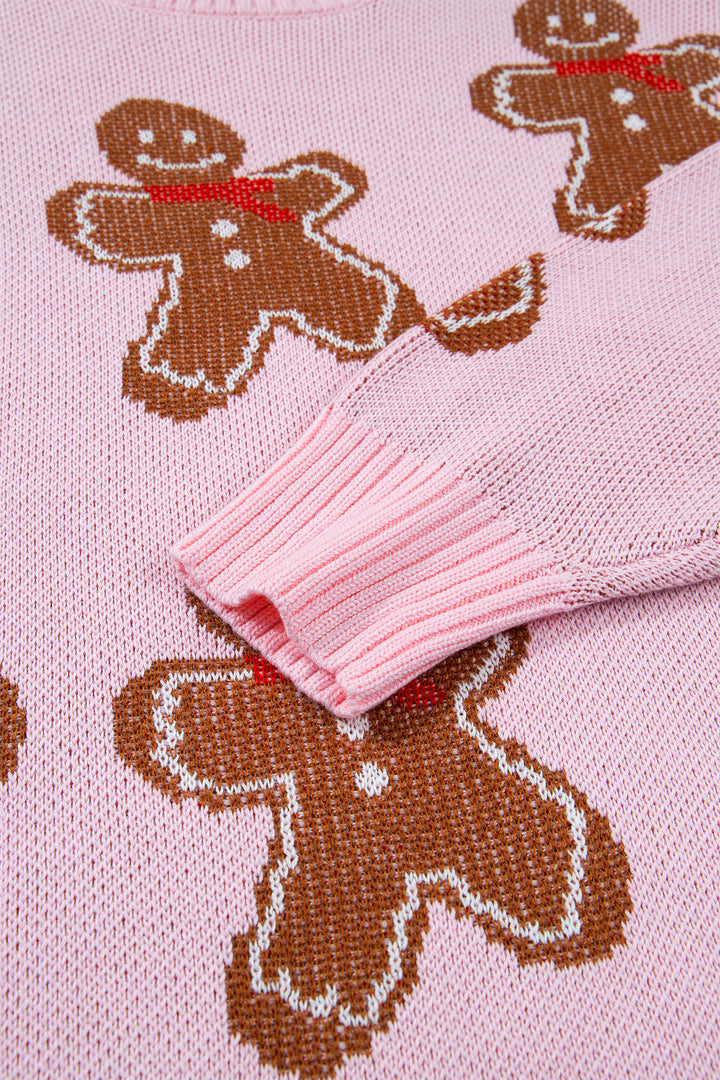 Pink Gingerbread Pattern Long Sleeve Shift Sweater