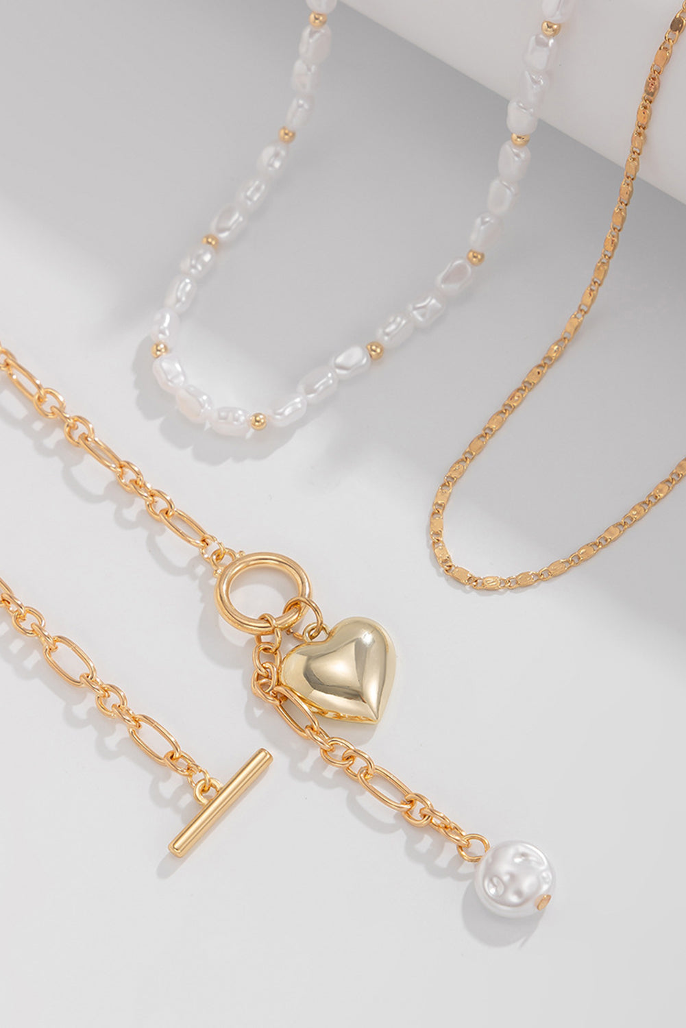 Plated Heart Charm Pearl Chain Layered Necklace