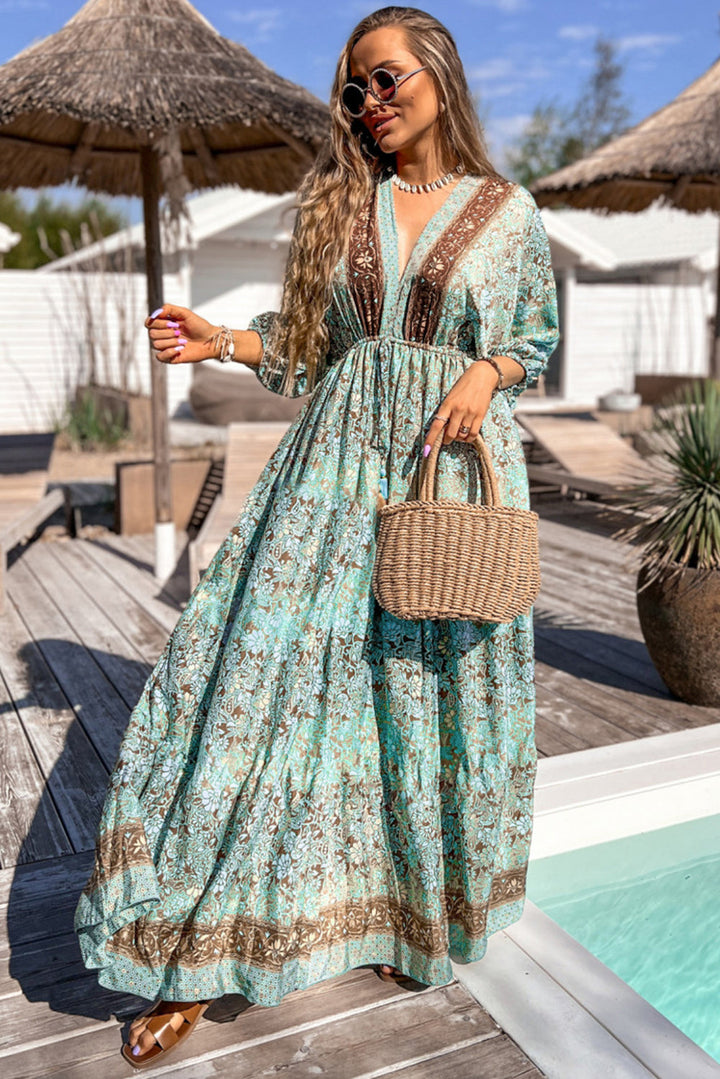 Boho Floral Print Lace-up Open Back High Waist Maxi Dress