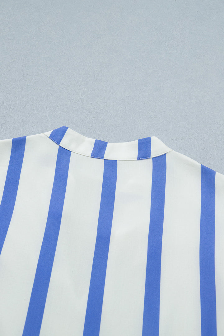 Sky Blue Stripe Split V Neck Puff Sleeve Summer Blouse
