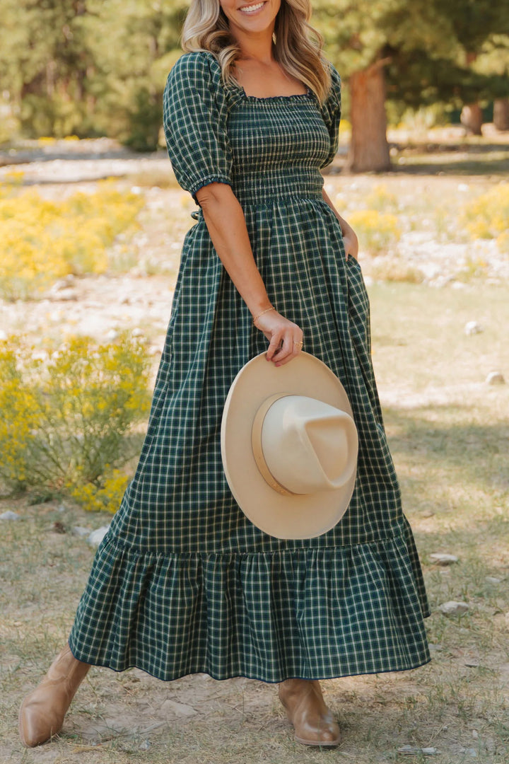 Green Plaid Square Neck Shirred High Waist Ruffle Hem Long Dress