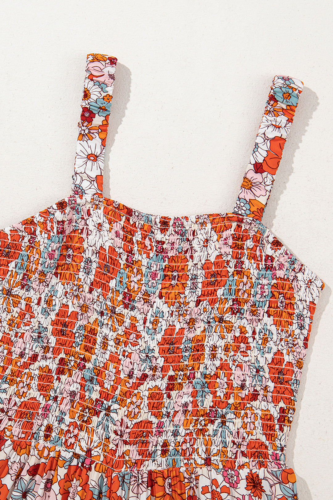 Orange Floral Print Sleeveless Smocked Shift Jumpsuit