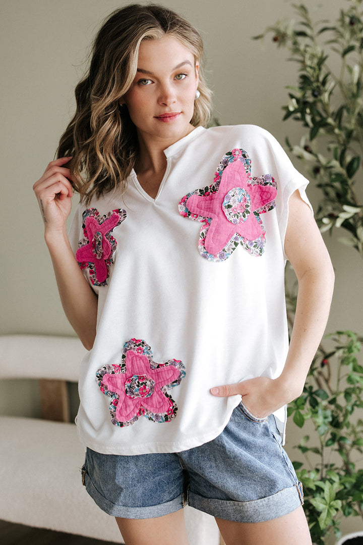 Floral Applique Notched V Neck Dolman Sleeve Top